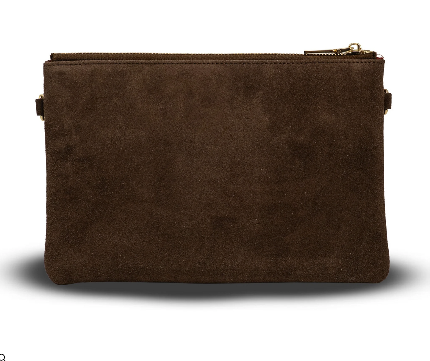 A dark brown suede pouch clutch with a top zipper closure and gold-tone hardware, shown against a plain white background.
