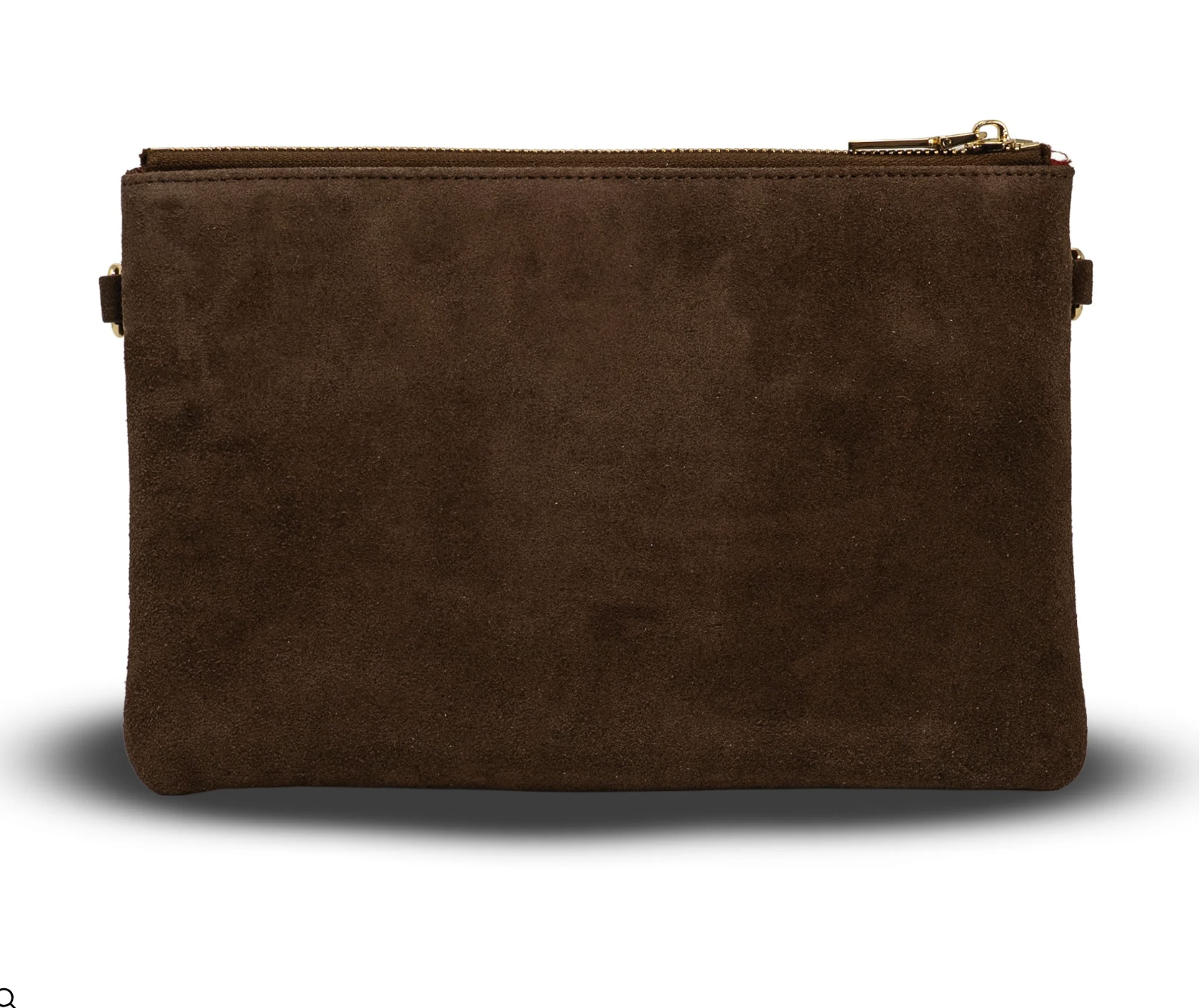 A dark brown suede pouch clutch with a top zipper closure and gold-tone hardware, shown against a plain white background.