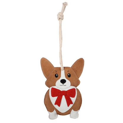 Corgi‑shaped horse stall toy with suede exterior, red bow, and rope loop for hanging.