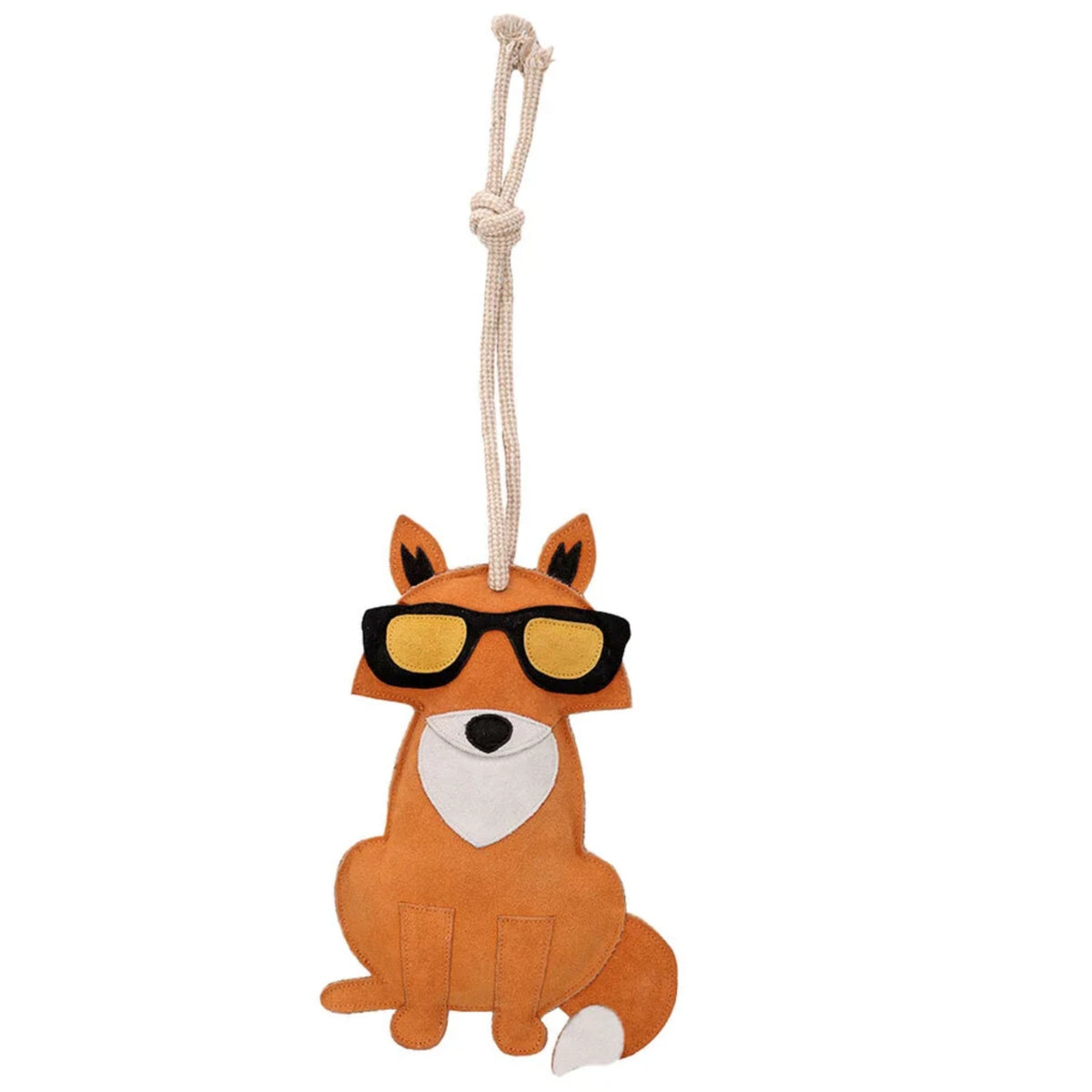 Fox‑shaped horse stall toy with suede exterior, sunglasses detail, and rope loop for hanging.