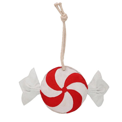 Peppermint‑candy horse stall toy with suede exterior and rope loop for hanging.