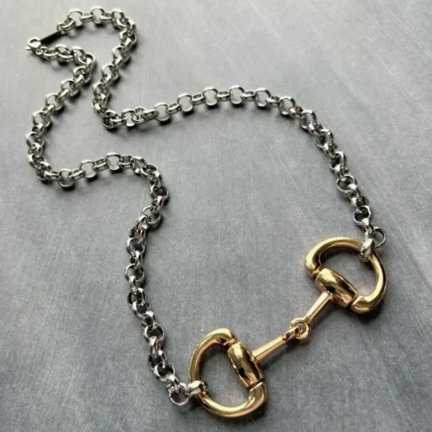 Two‑tone equestrian snaffle bit necklace with a gold‑tone bit centerpiece and silver stainless‑steel chain displayed on a gray background.